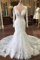 Sheath V-neck Floor Length Tulle Applique Wedding Dresses